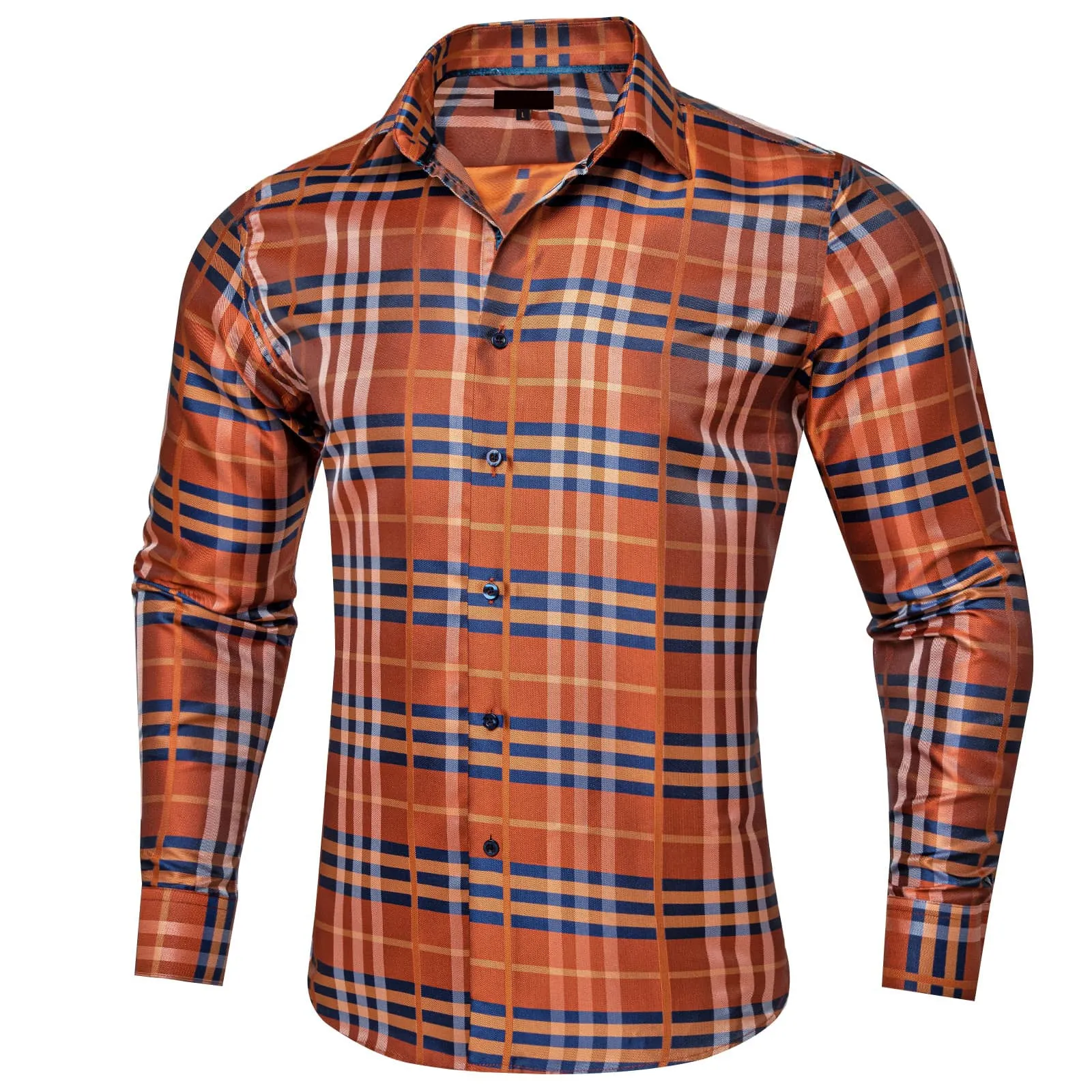 Ties2you Silk Shirt Orange and Blue Plaid Button Down Mens Long Sleeve Work Dresses Shirt