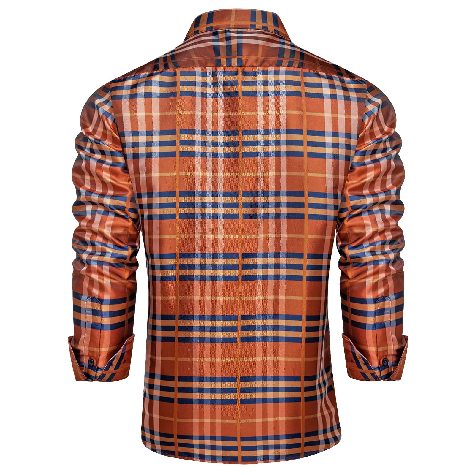 Ties2you Silk Shirt Orange and Blue Plaid Button Down Mens Long Sleeve Work Dresses Shirt