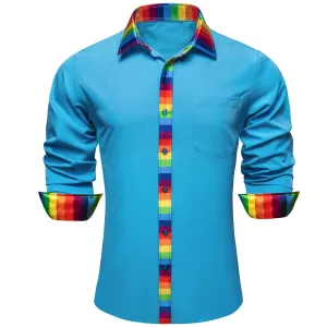 Ties2you Work Shirt Bright Cerulean Blue Colorful Splicing Long Sleeve Silk Mens Button Shirt