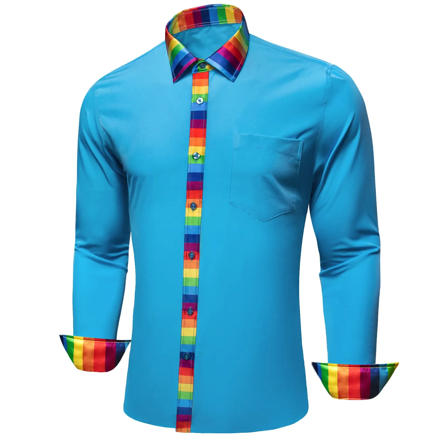 Ties2you Work Shirt Bright Cerulean Blue Colorful Splicing Long Sleeve Silk Mens Button Shirt