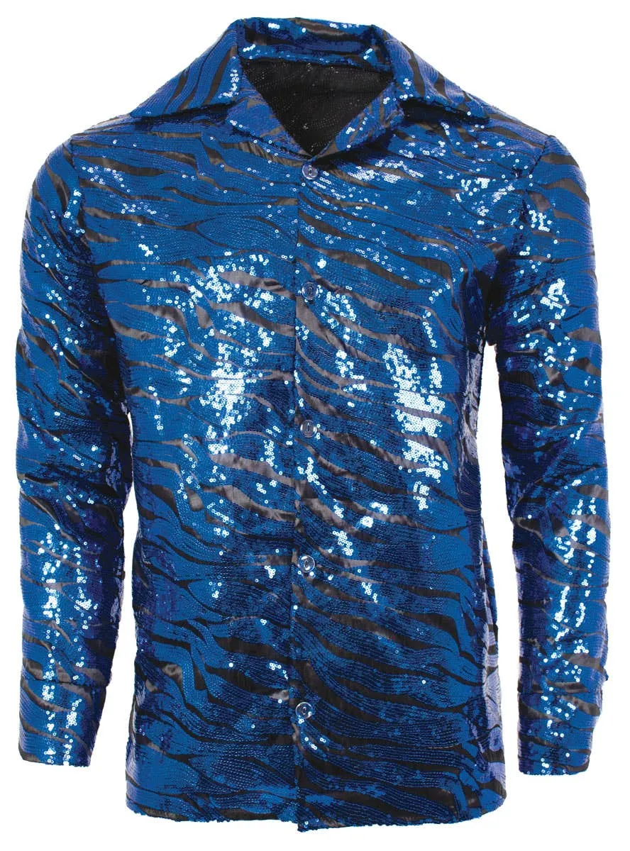 Tiger King Blue Sequin Tiger Print Mens Plus Size Costume Shirt