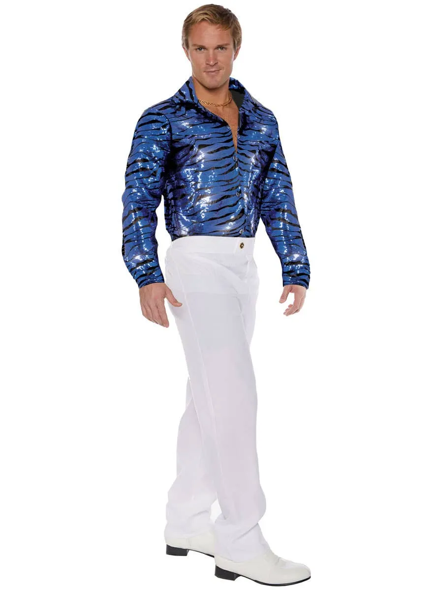 Tiger King Blue Sequin Tiger Print Mens Plus Size Costume Shirt