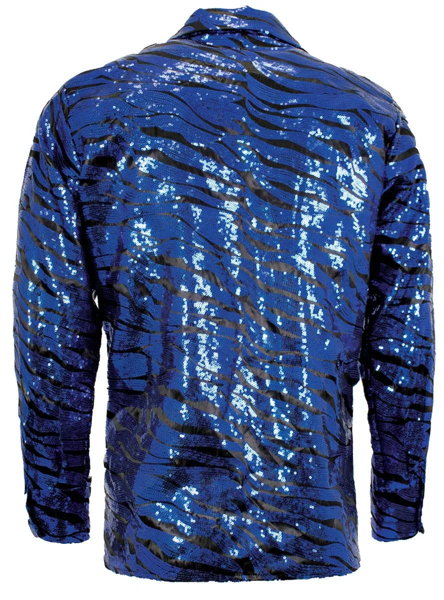 Tiger King Blue Sequin Tiger Print Mens Plus Size Costume Shirt