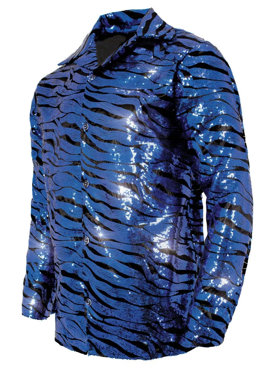 Tiger King Blue Sequin Tiger Print Mens Plus Size Costume Shirt