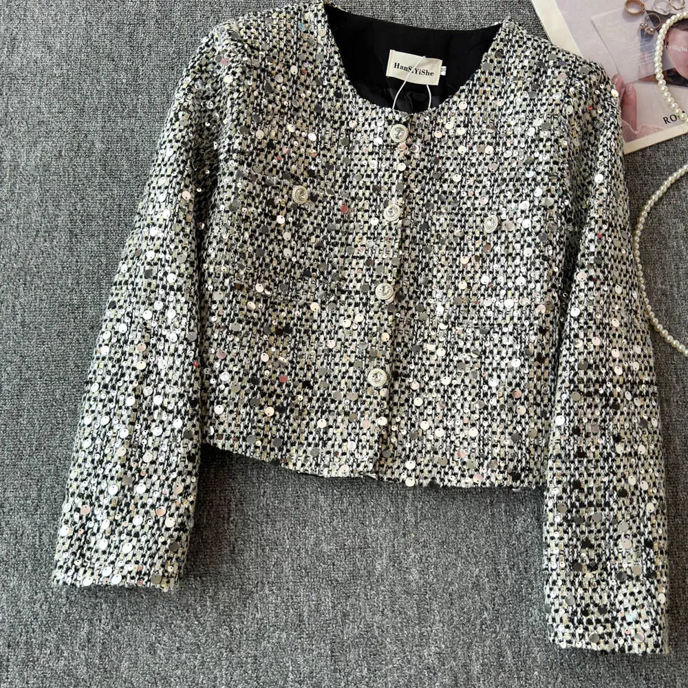 Toleet-Winter Outfits Christmas Black Friday 2024 Winter Autumn Sequin Jacket New high-Quality Elegant Thicken Loose Coat Heavy Industry Coarse Tweed Coat