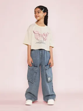 Tween Girls Crop Fit Graphic Print Tee And Loose Fit Cargo Jean 2 Piece Set