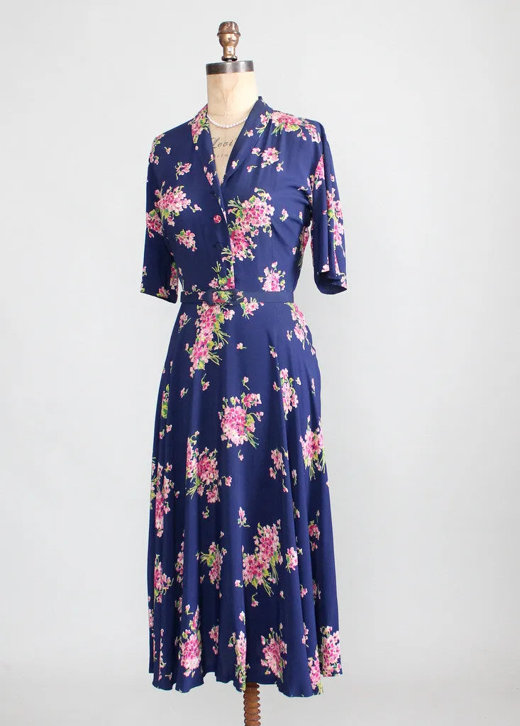 Vintage 1940s Pink Bouquet Floral Rayon Dress