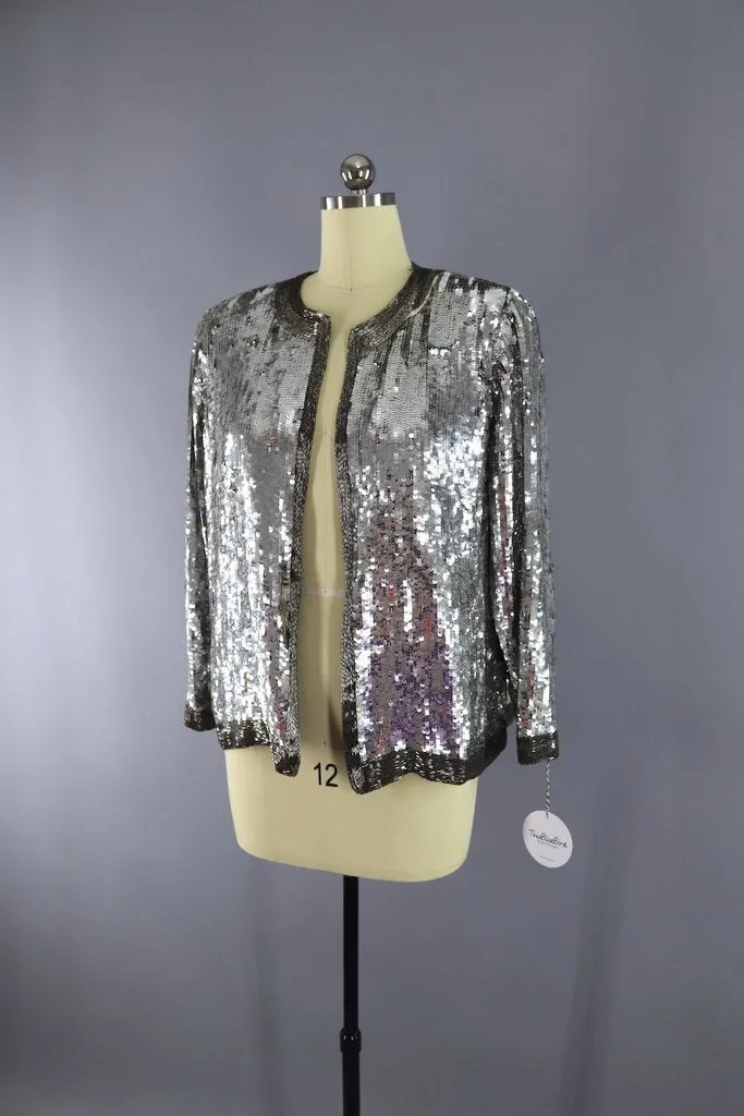 Vintage 1980s Silver Sequined Silk Jacket