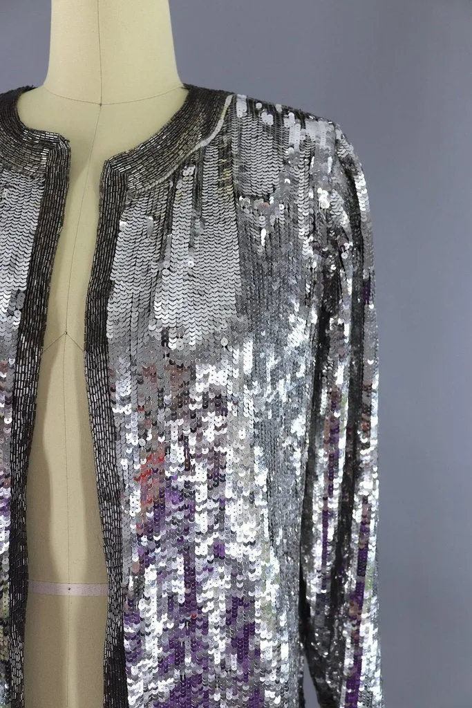 Vintage 1980s Silver Sequined Silk Jacket