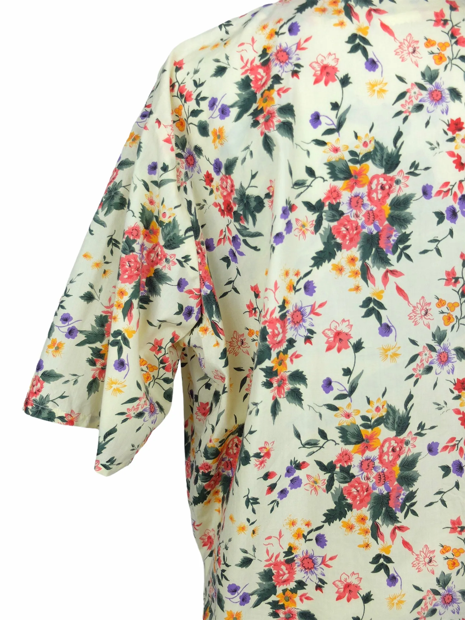 Vintage 80s Floral Pastel Yellow Thin Cotton Blend Half Sleeve Button Down Tunic Shirt