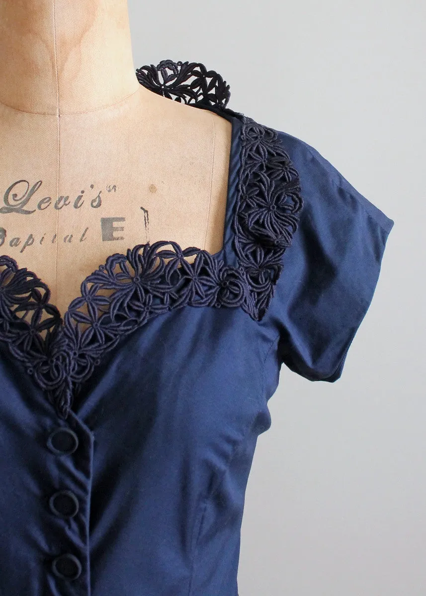 Vintage Late 1940s Navy Day Dress with a Stand Up Collar