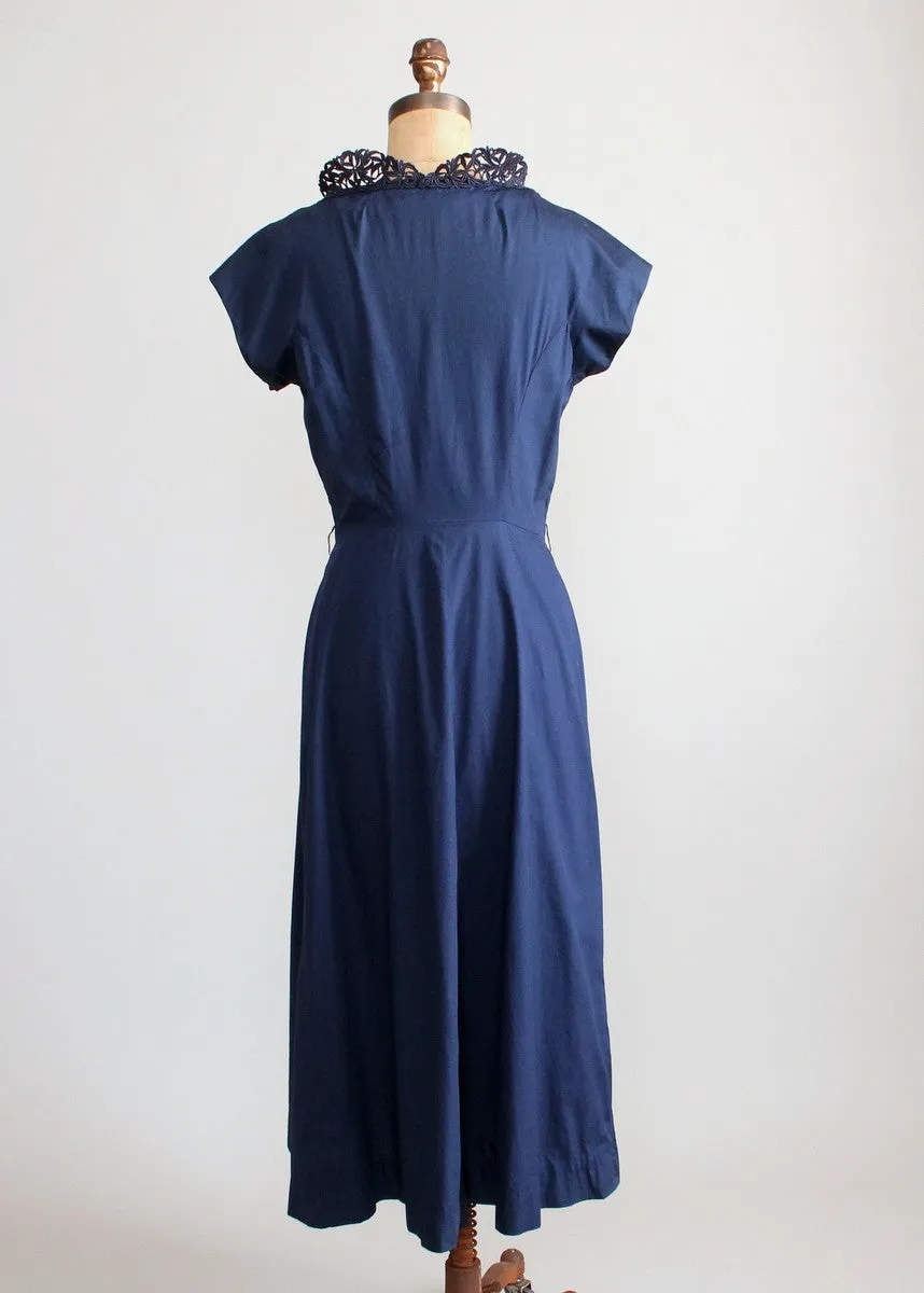 Vintage Late 1940s Navy Day Dress with a Stand Up Collar