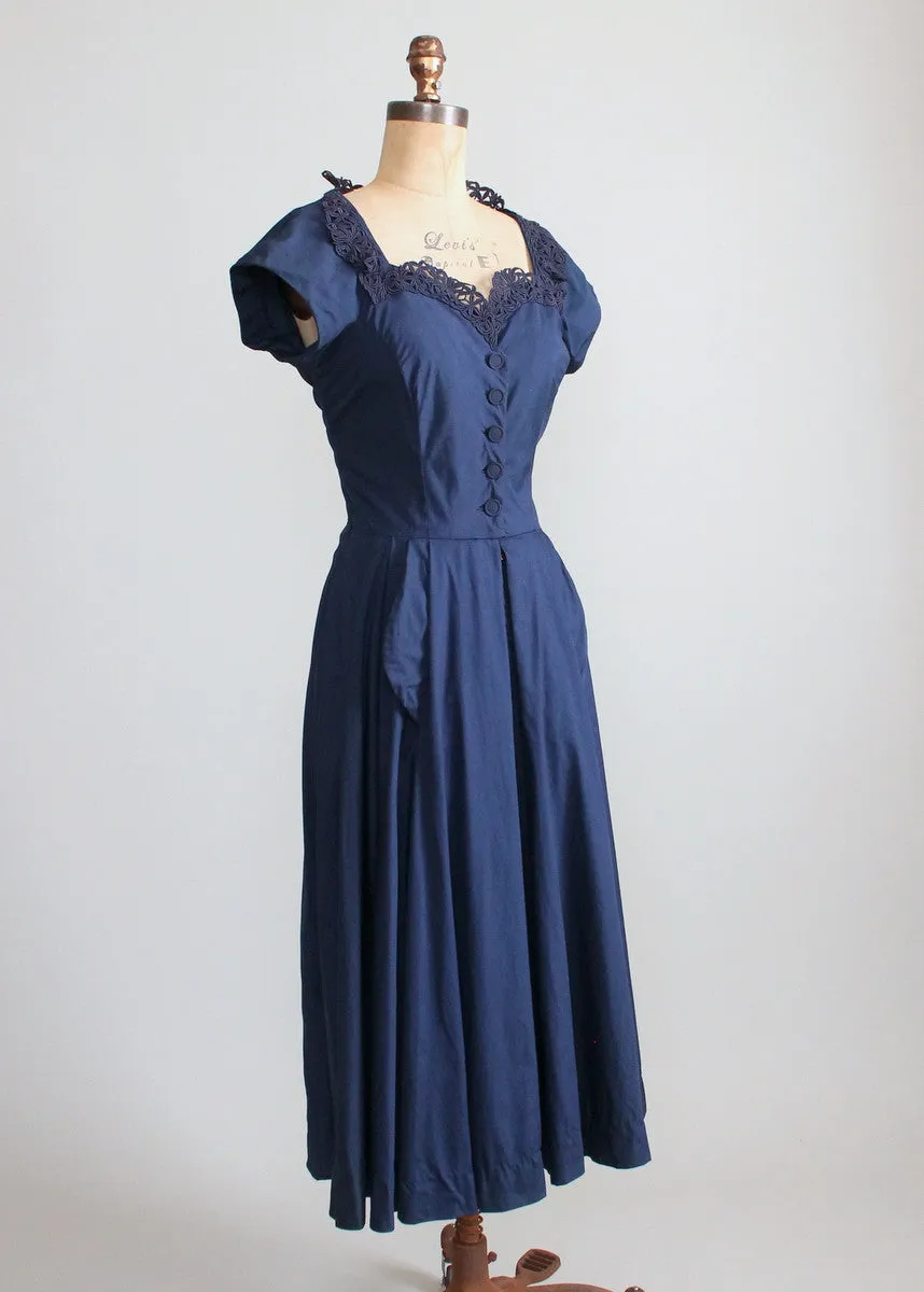 Vintage Late 1940s Navy Day Dress with a Stand Up Collar