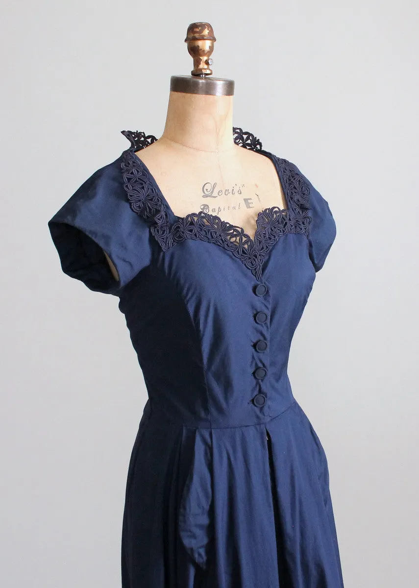 Vintage Late 1940s Navy Day Dress with a Stand Up Collar