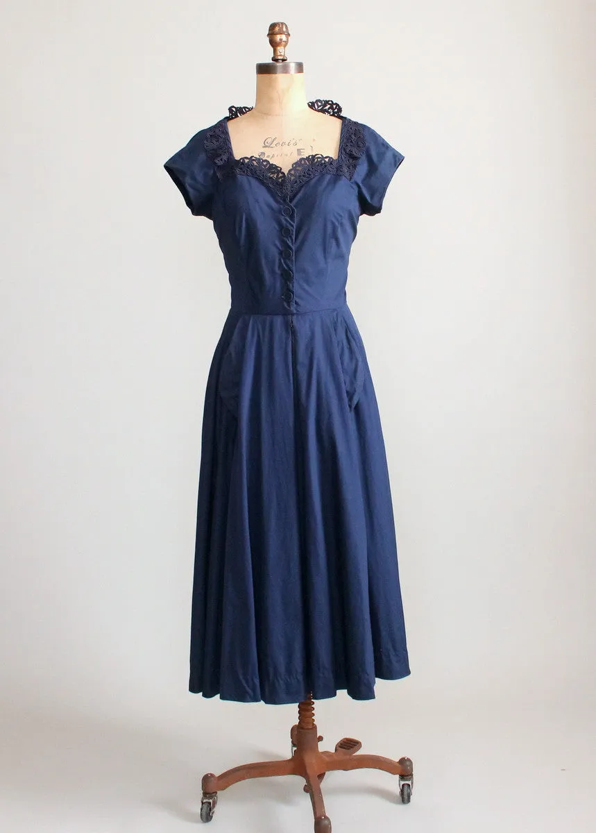 Vintage Late 1940s Navy Day Dress with a Stand Up Collar