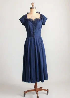 Vintage Late 1940s Navy Day Dress with a Stand Up Collar