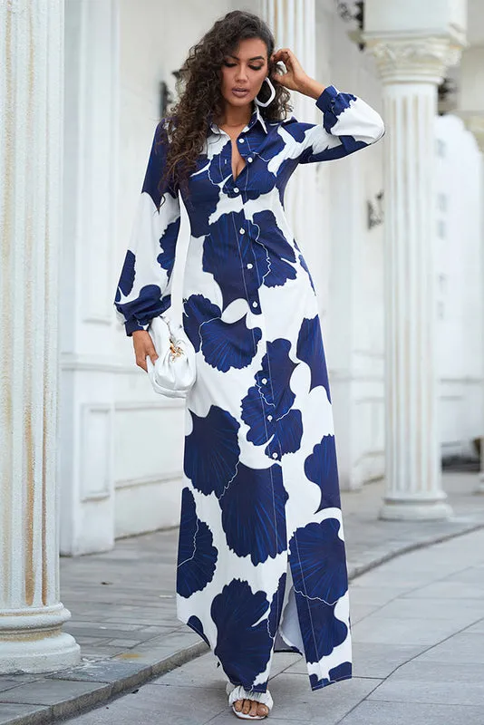 White And Blue Print Long Sleeve Shirt Dress