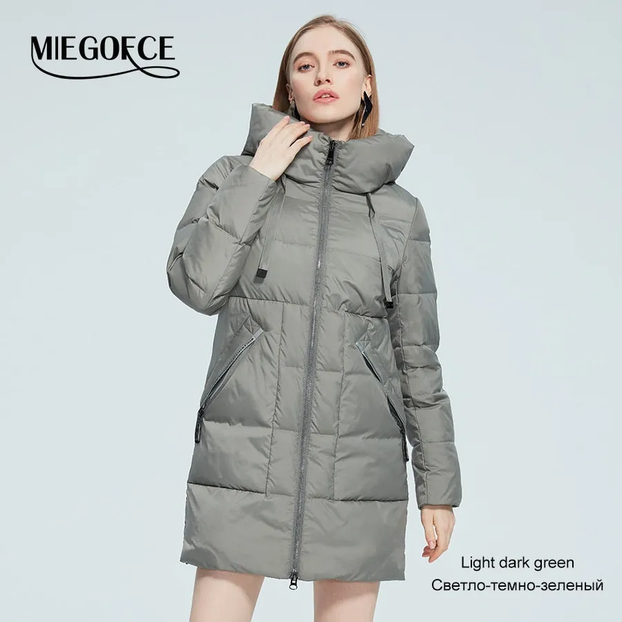 Winter Jacket Women's Stand Collar Hooded Cold Protection Windproof Lady Coat Big Pocket Mid-Length Parka