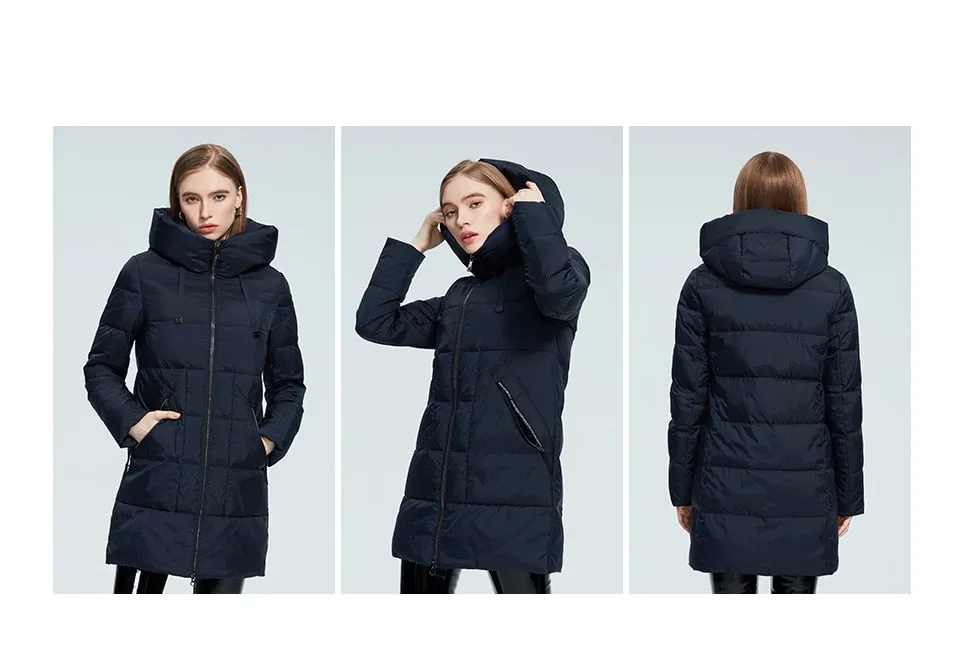 Winter Jacket Women's Stand Collar Hooded Cold Protection Windproof Lady Coat Big Pocket Mid-Length Parka