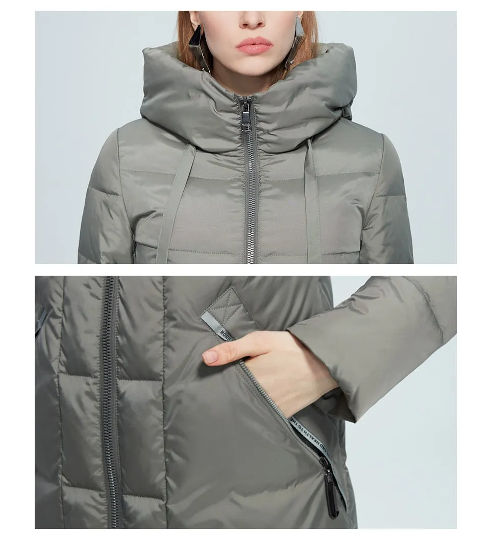 Winter Jacket Women's Stand Collar Hooded Cold Protection Windproof Lady Coat Big Pocket Mid-Length Parka