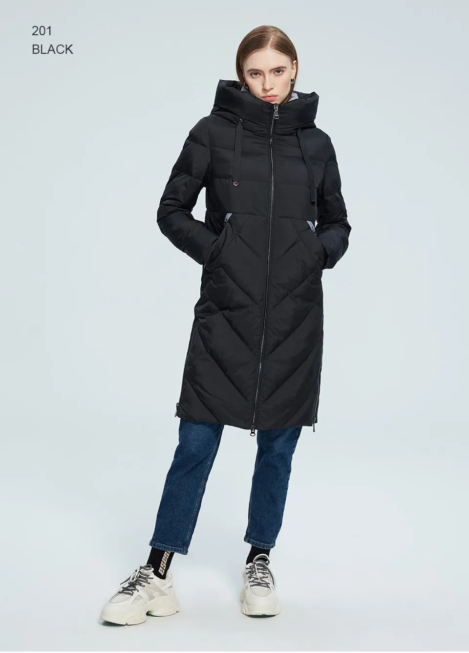 Winter Women Long Cotton Jacket Stand Collar Hooded Warm Windproof Coat Pockets Zipper Parka