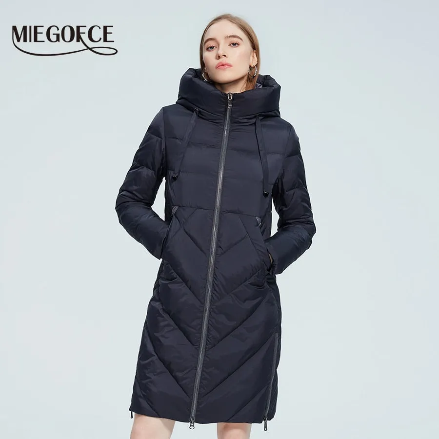 Winter Women Long Cotton Jacket Stand Collar Hooded Warm Windproof Coat Pockets Zipper Parka