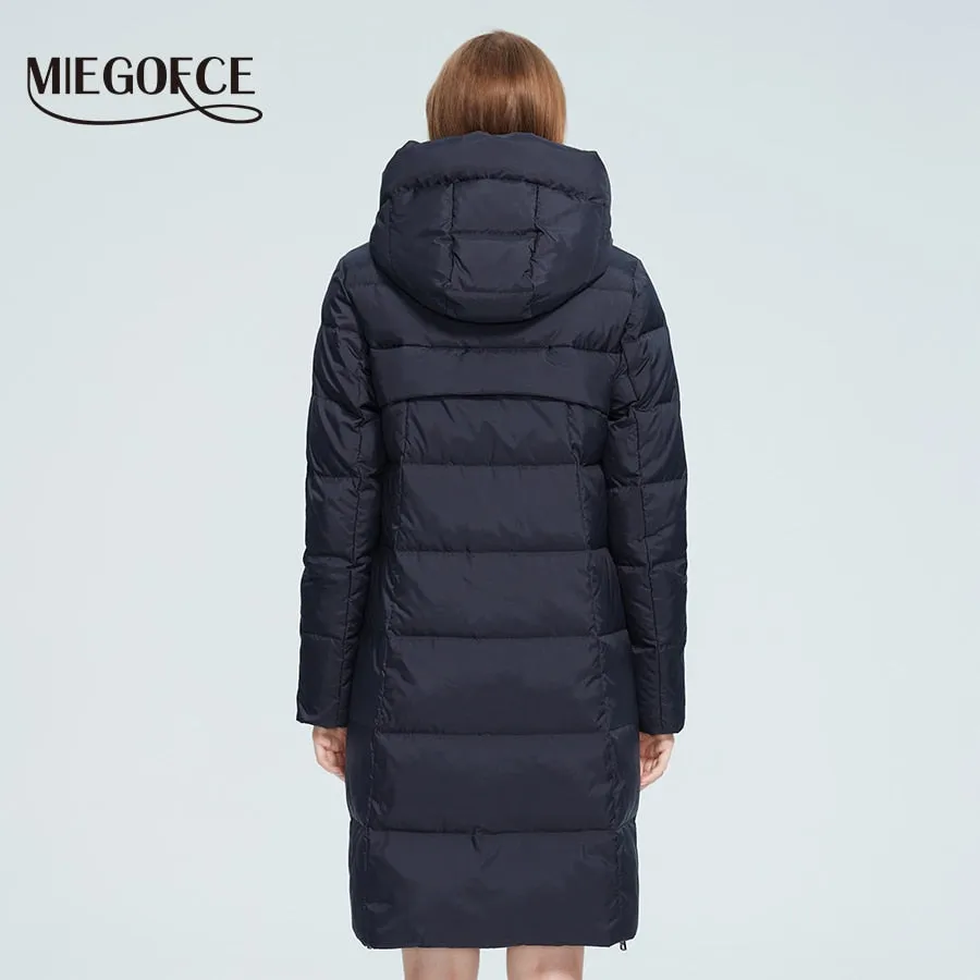 Winter Women Long Cotton Jacket Stand Collar Hooded Warm Windproof Coat Pockets Zipper Parka