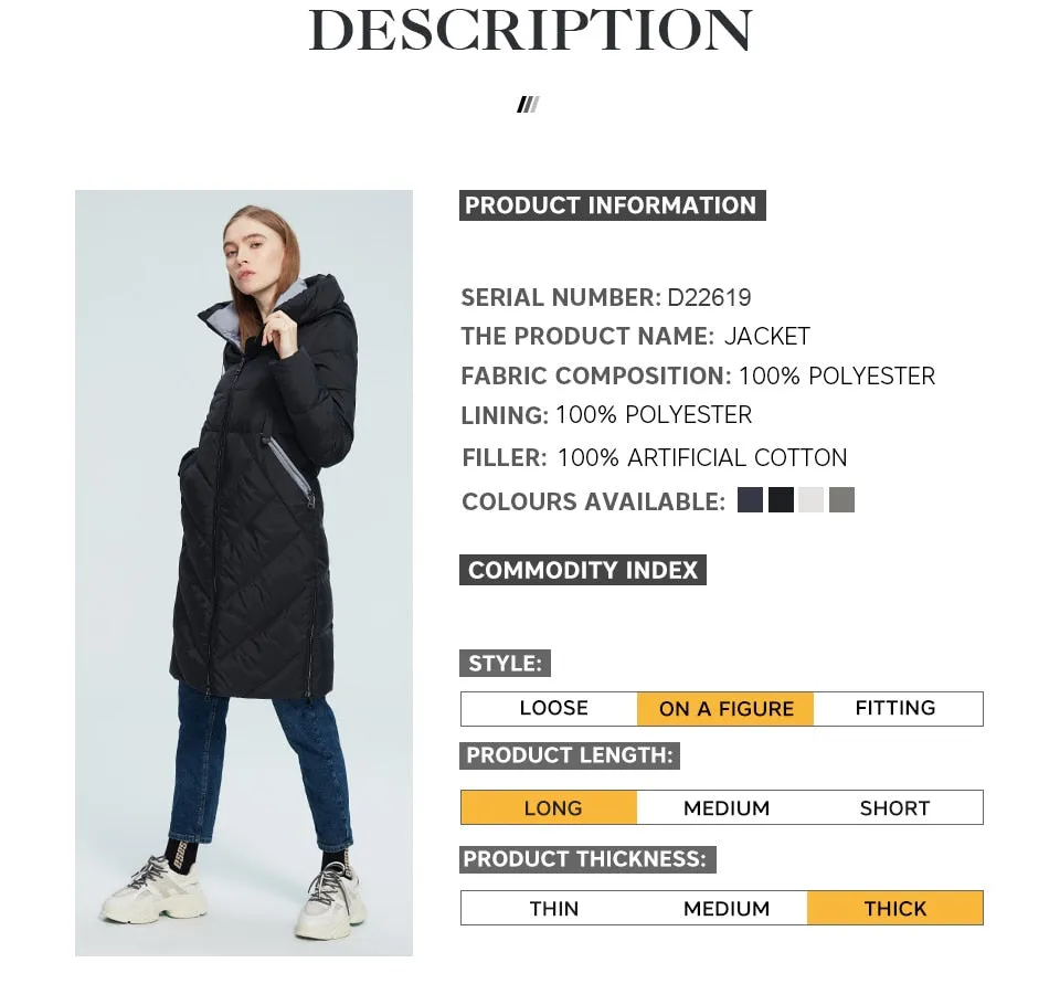 Winter Women Long Cotton Jacket Stand Collar Hooded Warm Windproof Coat Pockets Zipper Parka