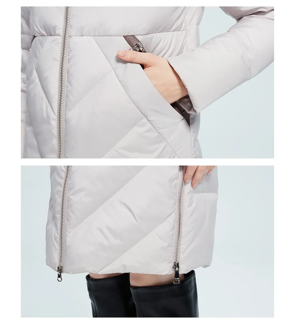 Winter Women Long Cotton Jacket Stand Collar Hooded Warm Windproof Coat Pockets Zipper Parka