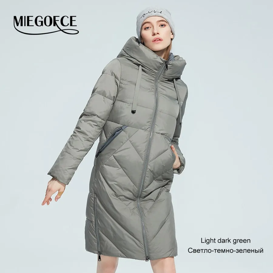 Winter Women Long Cotton Jacket Stand Collar Hooded Warm Windproof Coat Pockets Zipper Parka