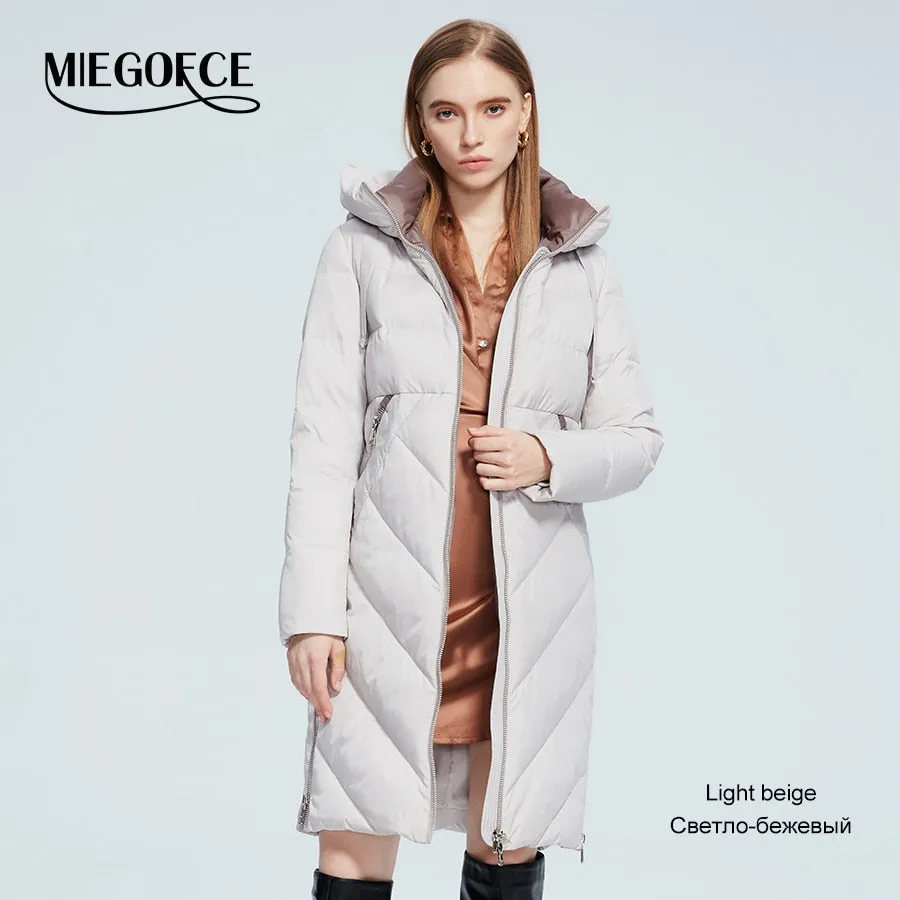 Winter Women Long Cotton Jacket Stand Collar Hooded Warm Windproof Coat Pockets Zipper Parka