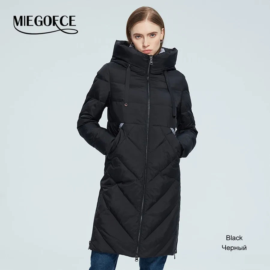 Winter Women Long Cotton Jacket Stand Collar Hooded Warm Windproof Coat Pockets Zipper Parka