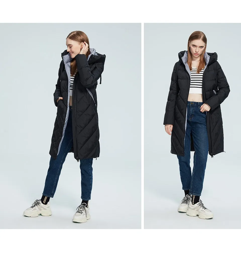 Winter Women Long Cotton Jacket Stand Collar Hooded Warm Windproof Coat Pockets Zipper Parka