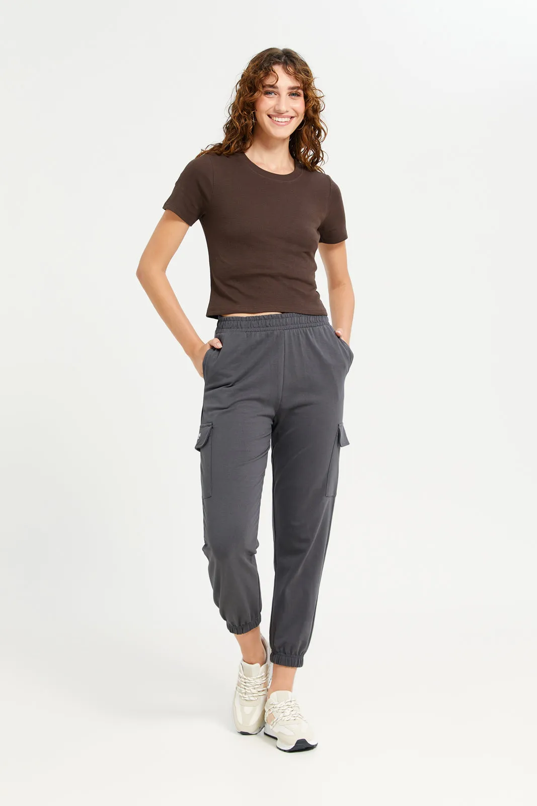 Women Charcoal Cargo Pocket Jogger Pants