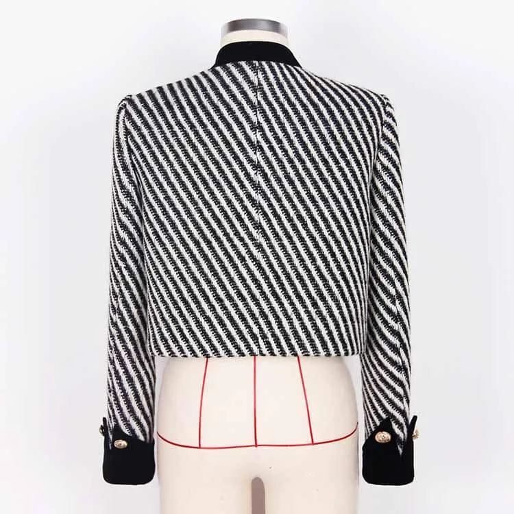 Women Luxury Stripe Fitted Blazer Golden Buttons Coat