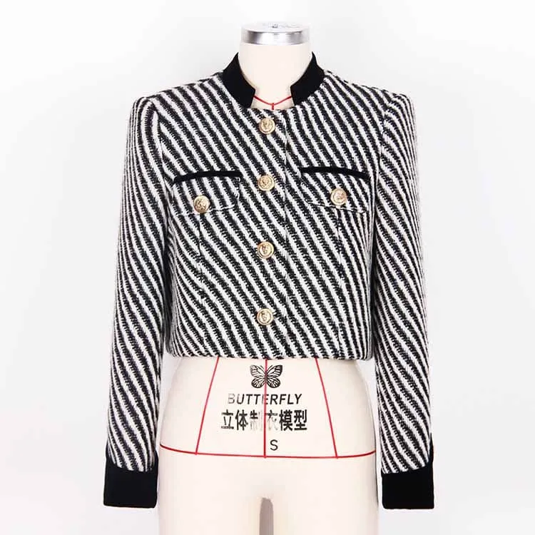 Women Luxury Stripe Fitted Blazer Golden Buttons Coat