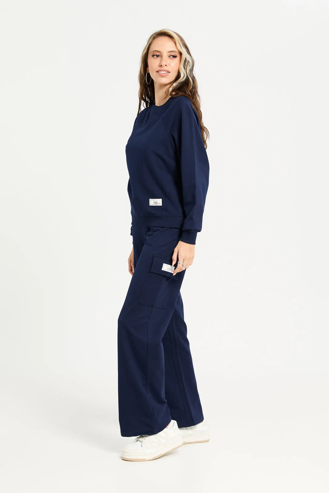 Women Navy Wide Leg Cargo Pants