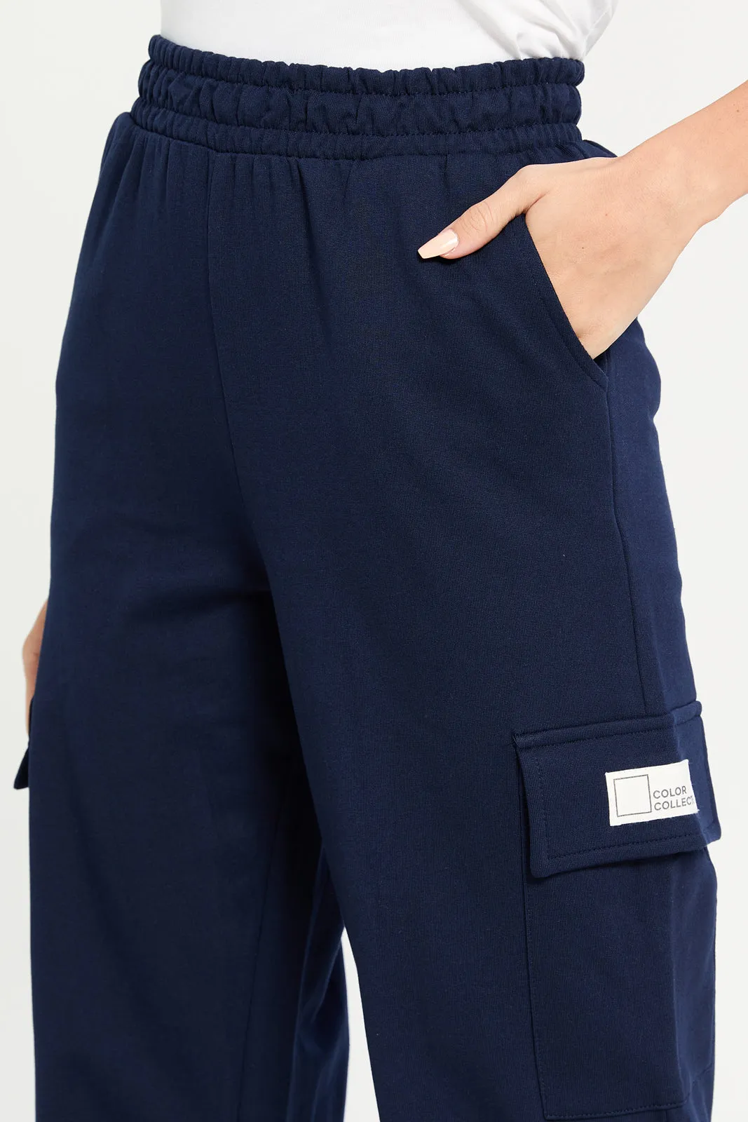 Women Navy Wide Leg Cargo Pants