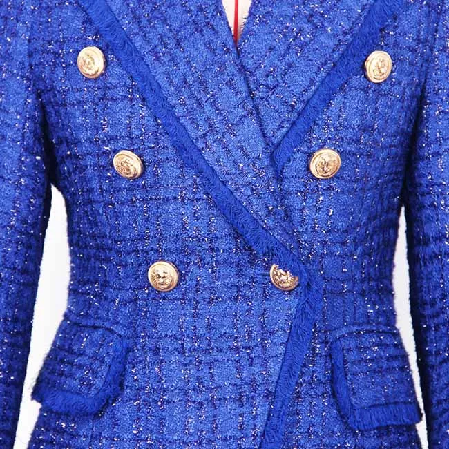 Women Tassel Fringe Trim Metal Lion Buttons Golden Checked Tweed Blazer Jacket Royal Blue