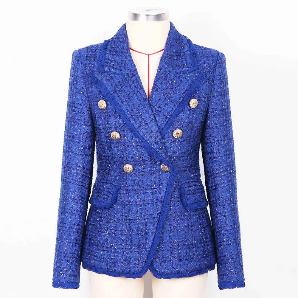 Women Tassel Fringe Trim Metal Lion Buttons Golden Checked Tweed Blazer Jacket Royal Blue