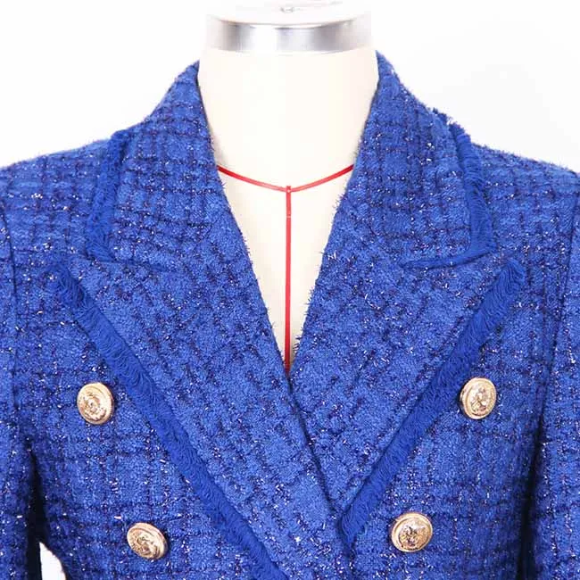 Women Tassel Fringe Trim Metal Lion Buttons Golden Checked Tweed Blazer Jacket Royal Blue