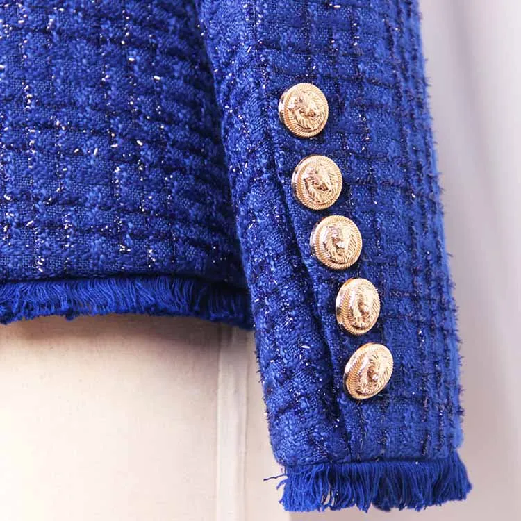 Women Tassel Fringe Trim Metal Lion Buttons Golden Checked Tweed Blazer Jacket Royal Blue