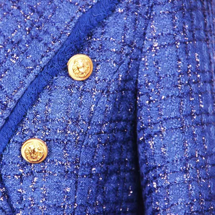 Women Tassel Fringe Trim Metal Lion Buttons Golden Checked Tweed Blazer Jacket Royal Blue