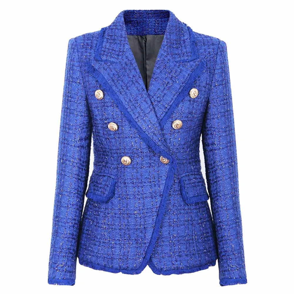 Women Tassel Fringe Trim Metal Lion Buttons Golden Checked Tweed Blazer Jacket Royal Blue