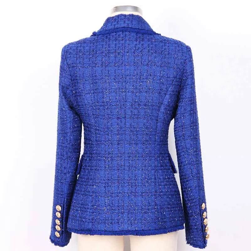 Women Tassel Fringe Trim Metal Lion Buttons Golden Checked Tweed Blazer Jacket Royal Blue