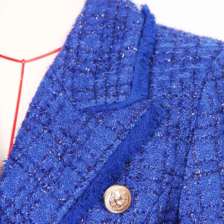 Women Tassel Fringe Trim Metal Lion Buttons Golden Checked Tweed Blazer Jacket Royal Blue