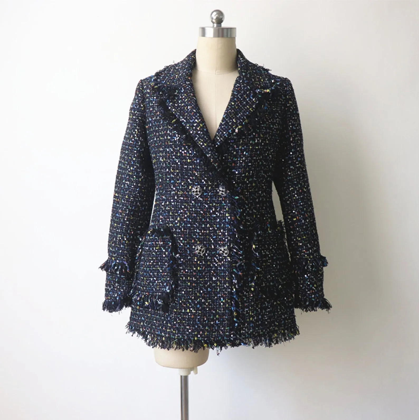 Womens Designer Inspired CUSTOM MADE Tassel Sequined Tweed Jacket Coat Blazer