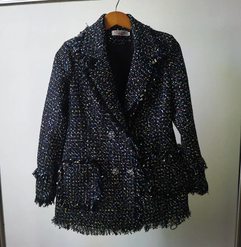 Womens Designer Inspired CUSTOM MADE Tassel Sequined Tweed Jacket Coat Blazer