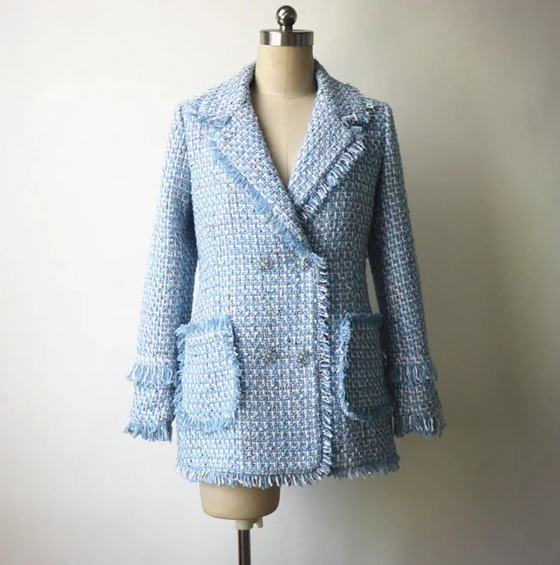 Womens Designer Inspired CUSTOM MADE Tassel Sequined Tweed Jacket Coat Blazer