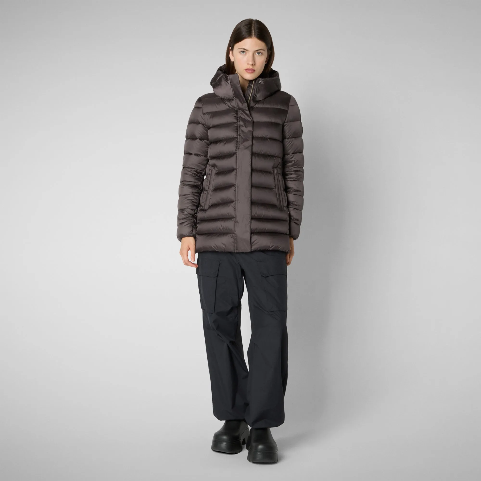 Women's Hooded Animal free Puffer Coat Drimia in Brown Black